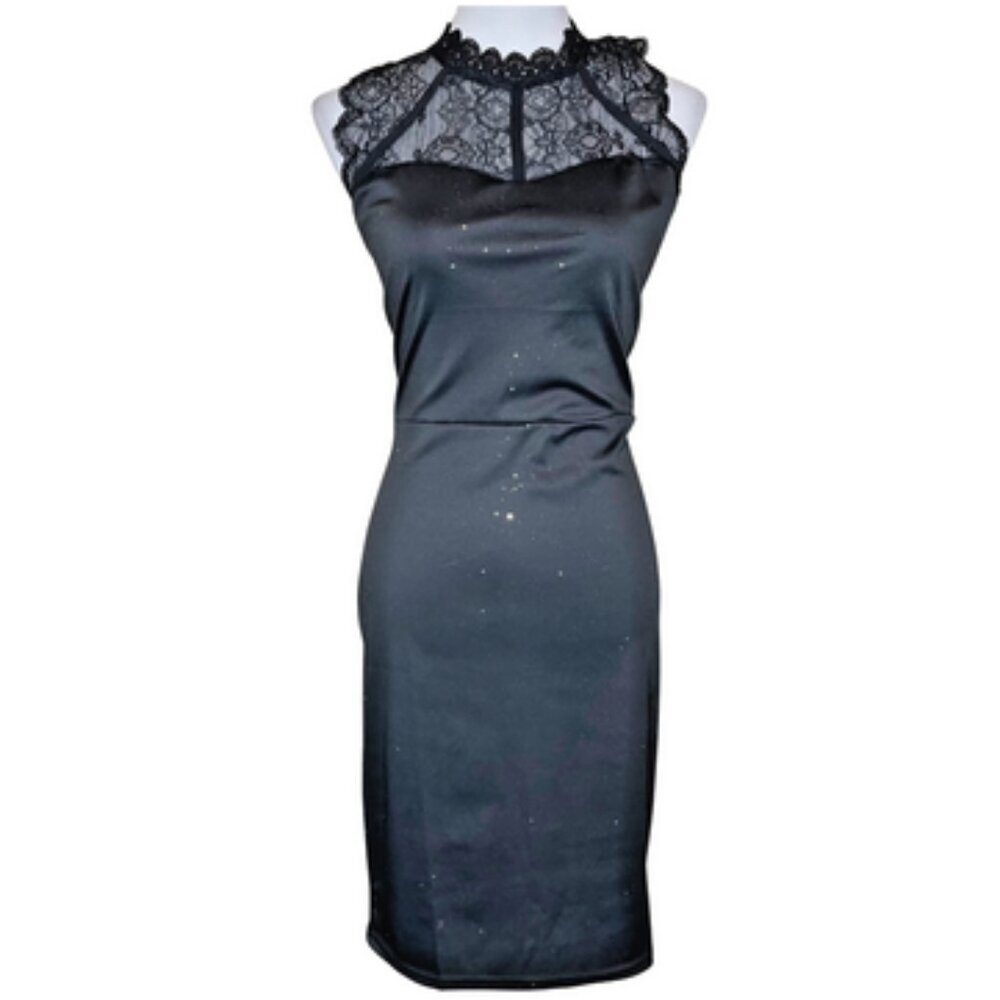 chicme Black Lace Mock Neck Open Back Sparkle Cocktail Dress XL